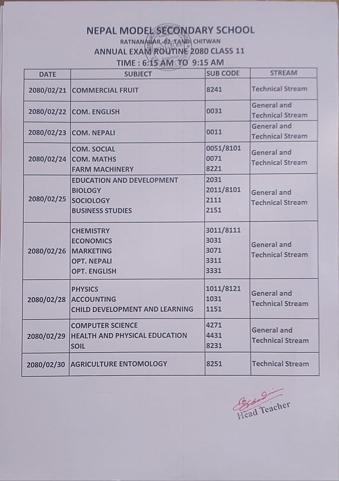 कक्षा ११ अन्तिम परीक्षा तालिका