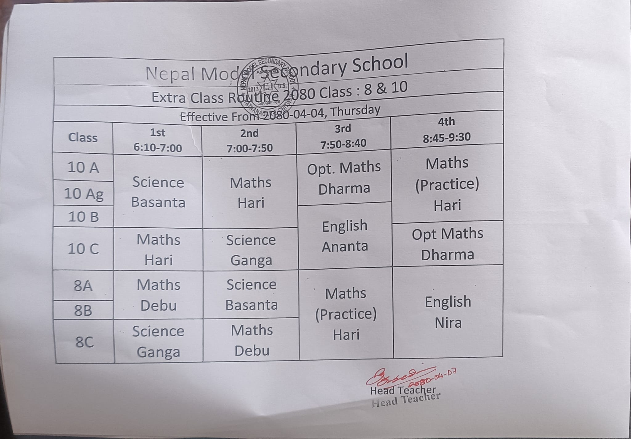 कक्षा ८ र १० अतिरिक्त कक्षा तालिका